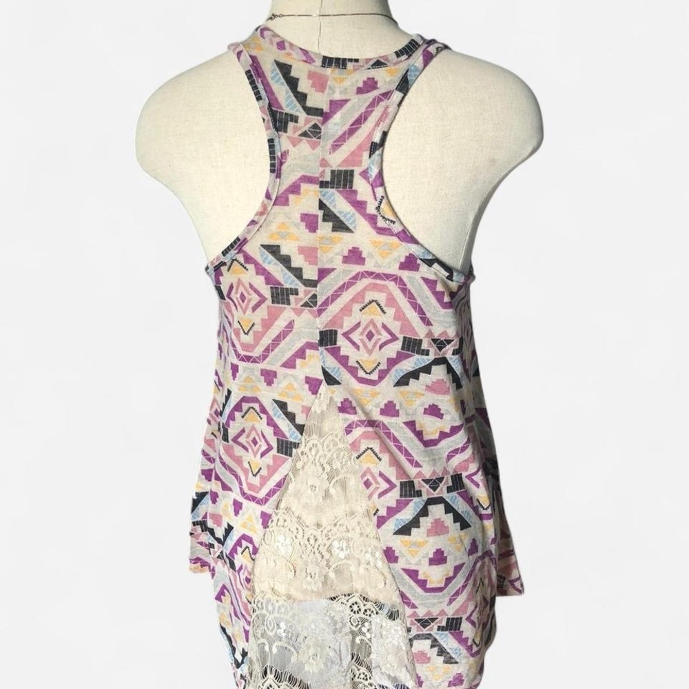 Boho Aztec pink and cream racer back tank top with back lace detail size medium